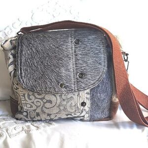 Myra Calf Hair/Canvas  Distressed Crossbody Messenger Bag
